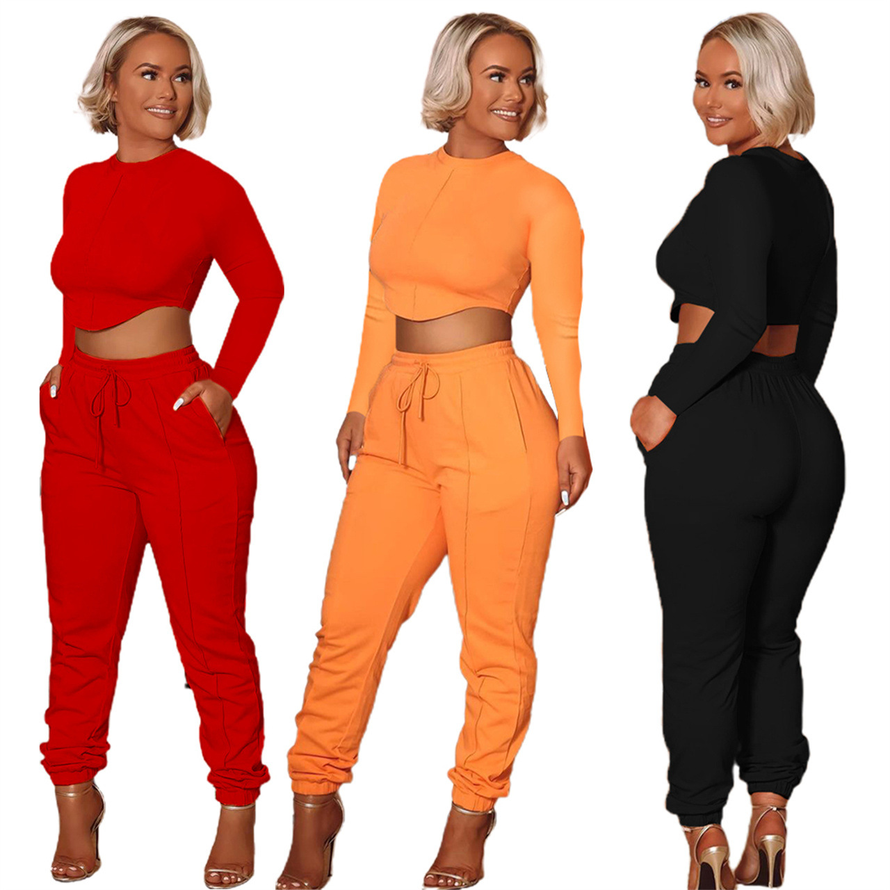 2021 New Autumn Crop Top Two Piece Pants Set Fall Women Clothes Solid Drawstring Sweatpants 2 Piece Set