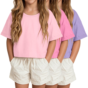 T-shirt court décontracté basique ample en coton uni à col rond et manches courtes avec revers, personnalisable en plusieurs couleurs pour femme - Product Image 1