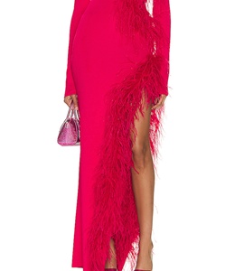 نمط شعبي أنيق بأكمام طويلة فستان سهرة بفتحة مع ريش خصر مفرغ - Product Image 3