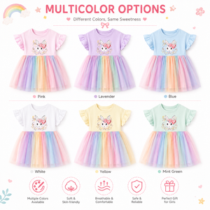 Vestito Tutu Rosa Arcobaleno <span class=keywords><strong>per</strong></span> Bambine con Maniche a Sbuffo e Motivo Coniglietto in Cotone Organico, Abito Casual <span class=keywords><strong>per</strong></span> Bambini 20 Anni OEM ODM - Product Image 3