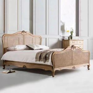 French Vintage Solid Oak Wood Durable King Size <strong>Floor</strong> <strong>Standing</strong> Bed Handwoven Rattan <strong>Headboard</strong> for Home Hotel Bedroom Furniture - Product Image 2