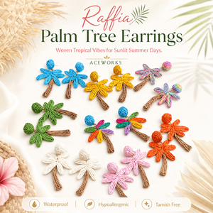 Palm Tree <b>Earrings</b> | Raffia Braided Tropical Coconut Tree 18K PVD <b>Gold</b> Stainless Steel Pin Bohemian Handwoven <b>Dangle</b> <b>Earrings</b> - Product Image 1