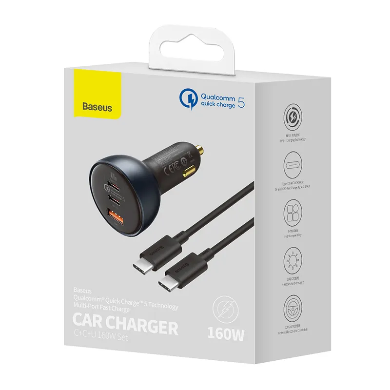Wholesale Original Baseus for Qualcomm Quick Charge 5 Technology Multi-Port Fast Charge Car Charger C+C+U 160W Set TZCCZM-0G