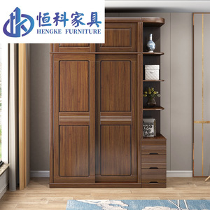 Armoire en bois de noyer de style chinois Hengke Furniture, porte coulissante, montage facile, armoire de rangement pour chambre à coucher, meubles en bois massif - Product Image 1