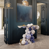 Table d'entrée de haute qualité, moderne, peinte à la main, texture porcelaine bleue et blanche, base en acier inoxydable, table console