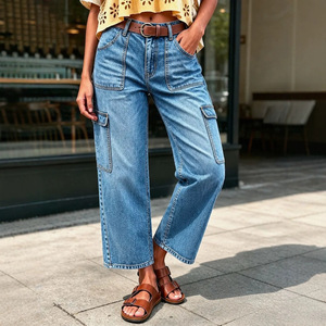 Jean cargo large pour femme, coupe droite, longueur courte, bleu, style workwear, taille haute, en denim, tailles européennes et américaines S M L XL - Product Image 4