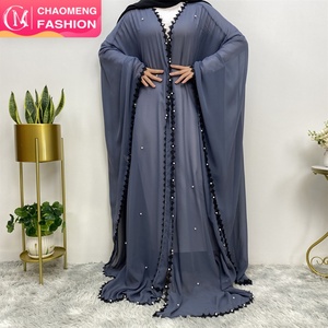 1653 #   Cárdigan Eid en Oferta, Transparente y Transpirable, Azul/Personalizable, con Encaje, Perlas Blancas, Chifón, Abierto, para Mujeres Musulmanas, Islámicas, Árabes - Product Image 1