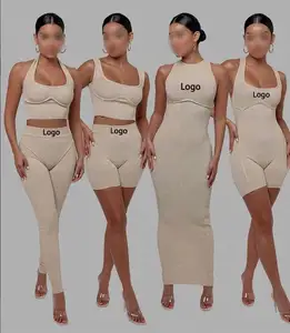 بيع بالجملة ملابس مثيرة ضلع متماسكة النساء مجموعة Skims فستان طويل سيدة رمادي Bodycon ليغنز أعلى محصول مجموعة قصيرة 2 قطعة للنساء