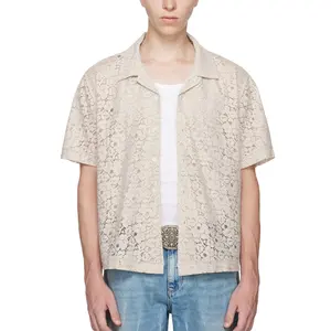 OEM erkek yazlık gömlek rahat yarı şeffaf pamuk ve naylon karışımı dantel gömlek erkekler için özel lüks tasarımcı gömlek
