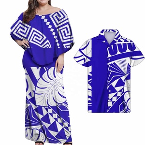 Ropa de pareja de gran oferta OEM, vestido de noche para mujer, camisa a juego para hombre, estampado de patrón polinesio, vestido blanco elegante para mujer - Product Image 3