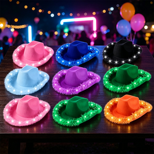 Chapeau de cowboy lumineux bleu clair à bords effilochés ; chapeau de cowboy western bleu ciel à bords effilochés avec casquette LED - Product Image 2