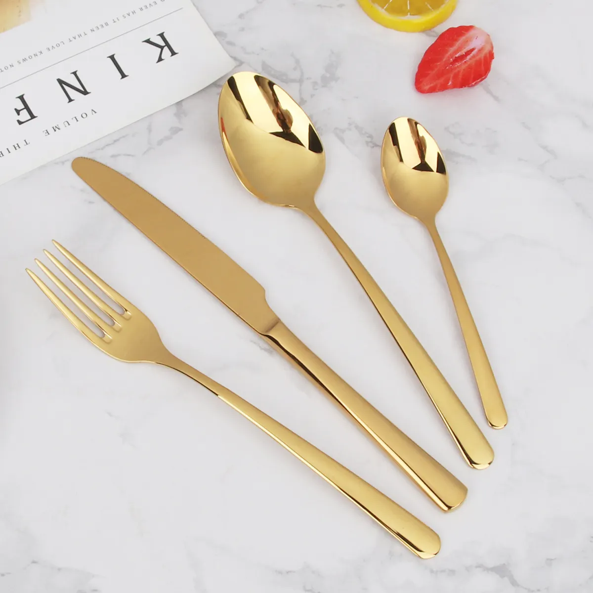 Sang Trọng Thép Không Gỉ Flatware Set 4Pc Màu Vàng Gương Ba Lan Ngã Ba, Dao Và Muỗng 18/10 Bộ Dao Kéo