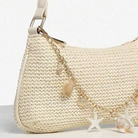 Sac à bandoulière vintage tendance en cuir et paille avec fermeture éclair, orné de perles de coquillage, petit format, haut de gamme, décontracté et polyvalent