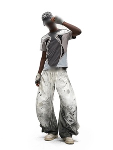 Jeans en denim pour hommes de haute qualité, personnalisés, avec œillets, effet déchiré et imprimé, délavé blanc, coupe large, style streetwear hip-hop, en coton, OEM ODM - Product Image 3