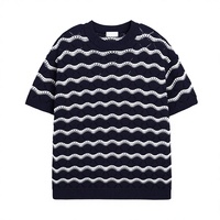 Pull tricoté à manches courtes pour homme, à rayures ondulées et ajouré, col rond, respirant, style preppy, en maille de soie glacée, polyester et coton
