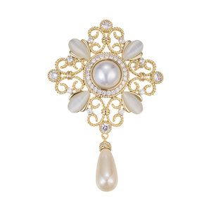 Vintage Flower Pearl Cat's Eye Gold Openwork Brooch Unisex Party Jewelry Zinc Alloy Bezel Setting XC06127 - Product Image 5