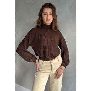 Blusa Corta Texturizada con Cuello Alto para Mujer, Tejida, Manga Larga, Casual, para Uso Diario, Color Marrón - Product Image 4