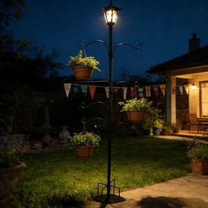 Solar Garden <b>Light</b> <b>Post</b> With Plant Hangers Outdoor LED Lighting Water Resistant Free Standing 3 Year Warranty - Product Image 1