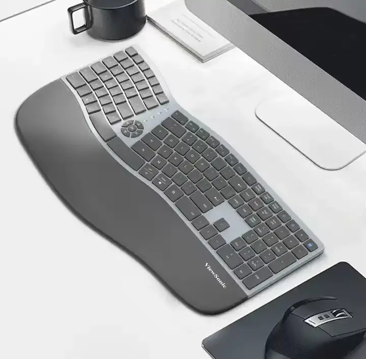 Keyboard kustom tata letak keyboard nirkabel ergonomis, penyangga pergelangan tangan, keyboard nirkabel bluetooth untuk game, kantor