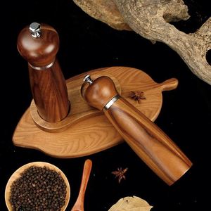 8 Inches Each Acacia Wood Salt <b>Pepper</b> <b>Grinder</b> Set with Wood Stand Hand Operated Adjustable Coarseness Modern Simple Design - Product Image 4