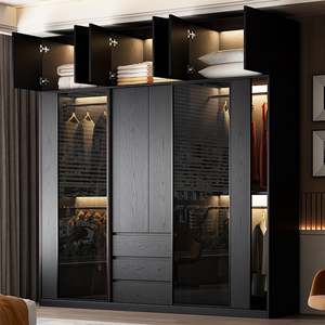 Factory Wholesale Luxury Black Glass Sliding Wardrobe | Customized Bedroom Closet with LED Lighting & Extra Overhead Storage - Product Image 1