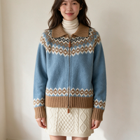 Cardigan en tricot jacquard Fair Isle bleu et marron pour femme, col zippé, manches longues, pour l'automne et l'hiver, commandes personnalisées acceptées