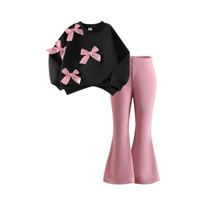 Giovani ragazze simpatiche <span class=keywords><strong>felpa</strong></span> con fiocco tinta unita e pantaloni a zampa stile per il tempo libero per viaggi estivi all'aperto e Set Casual da <span class=keywords><strong>bambina</strong></span> - Product Image 1