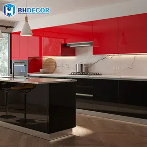 Lemari kabinet dapur kustom Italia Euro Galley anggur warna ek kayu Solid kontemporer merah Modern lemari dapur Set