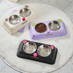 Bol double en acier inoxydable pour chiens avec support pour le cou, plat d'alimentation 2 en 1, base en plastique, design ours - Product Image 1
