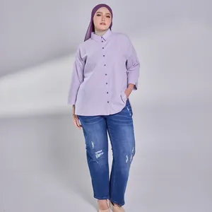 Blusa Oversize con Rayas Moradas, Fabricada en Malasia, Tela Seersucker, Hombros Caídos, Corte Holgado, Top Modesto, Manga Larga, Camisa para Mujer - Product Image 3