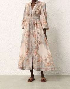 Abito Midi in Lino con Stampa Unica, Maniche Lunghe e Scollo a V, Monopetto, <span class=keywords><strong>per</strong></span> Donna - Collezione <span class=keywords><strong>Vacanza</strong></span> 2026 - Product Image 5