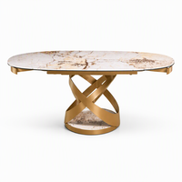 Table à manger extensible moderne de luxe avec plateau en pierre frittée ovale et base en acier doré, 6 à 8 places, pour villa, hôtel, projet commercial