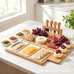 Plateau à fromage en bambou, plat de service à quatre côtés avec couverts, plateau en bois amovible pour collations, pain et pâtisseries - Product Image 3