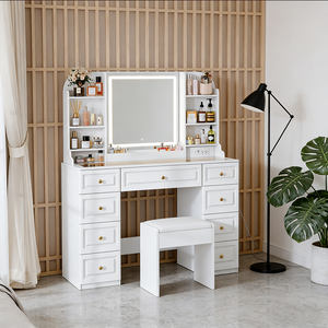 Tocador de <span class=keywords><strong>Maquillaje</strong></span> con Luces LED Ajustables de 3 Colores, Tapa de Vidrio, Diseño Moderno, 9 Cajones, Juego de Tocador - Product Image 1