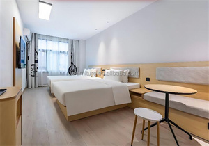 Modern Hotel <b>Bed</b> with Bedding <b>Sheets</b> MDF Panel wood Twin Size <b>Single</b> <b>Bed</b> Frame with Wood Panel Headboard for 3-Star Hotel Room - Product Image 2