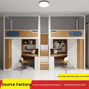 Lit superposé en métal avec cadre en fer, bureau supérieur et inférieur, service de conception 3D gratuit personnalisé, appartement, dortoir, pour étudiants, école - Product Image 4