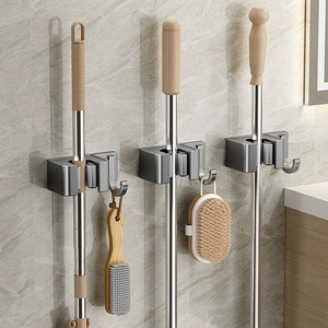 Shu Zheng <b>Mop</b> <b>Wall</b> Mount Aluminum Clip Hook Punch Free Bathroom Storage Holder Rectangle Shape Multi Functional - Product Image 1