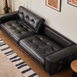 Mid-century French Retro Waxed Top Grain Leather Straight <b>Sofa</b> in <b>Black</b> for Small Living Room - Product Image 3