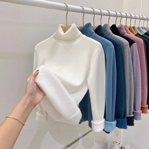 Suéter de cuello alto para mujer, forrado de lana, grueso, de manga larga, capa base, color liso, ajuste holgado, cálido para otoño e invierno - Product Image 1