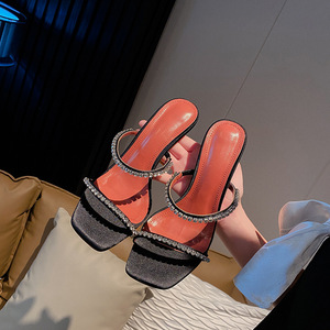 Sandales européennes d'été 2025 à bout carré ouvert, avec strass, tige en microfibre, bride, semelle extérieure en caoutchouc et talon super haut en forme de coupe à vin - Product Image 2