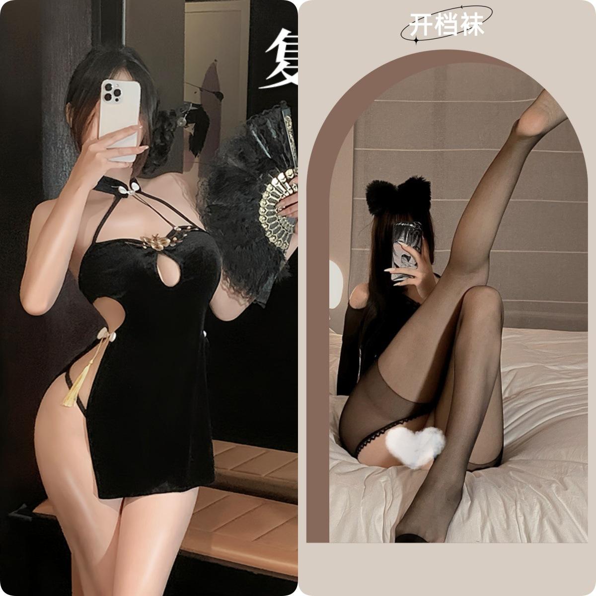 Black Cheongsam + Black Open Crotch Socks