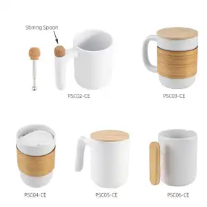 Shopee Gaya Nordic Keramik Mug 480Ml dengan Tutup Bambu Sendok Emas Cangkir Kopi Mug Perjalanan dengan Pegangan Kayu Bambu