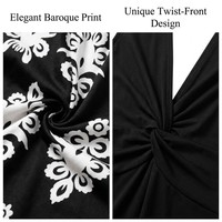 Robe mini sans manches personnalisée, imprimée noir et blanc, à col en V torsadé, motif floral damassé, taille empire, élégante pour soirée d'été, OEM ODM