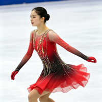 Robe de patinage artistique à manches longues dégradé rouge et noir, dos ouvert en maille avec strass dorés, pour filles et femmes, compétition
