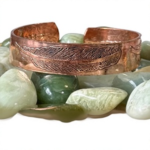 Copper <b>Engraved</b> Feather Bird Motif Pattern Cuff <b>Bangle</b> Adjustable Open Wristband Solid Pure Metal Ayurvedic Health Therapy - Product Image 1