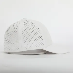 OEM Custom 6 Panel Weiß Laser Cut Loch Perforierte Hut, Wasserdicht Flex Fit Baseball-Cap, gummi Logo Geschlossen Zurück Ausgestattet Dad Hut