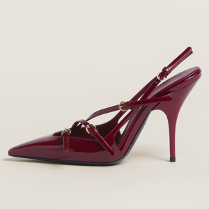 Zapatos de tacón alto para mujer con diseño de patente, múltiples tiras, anillo dorado, estilo stiletto, slingback, punta cuadrada y empeine abierto, venta al por mayor OEM - Product Image 2