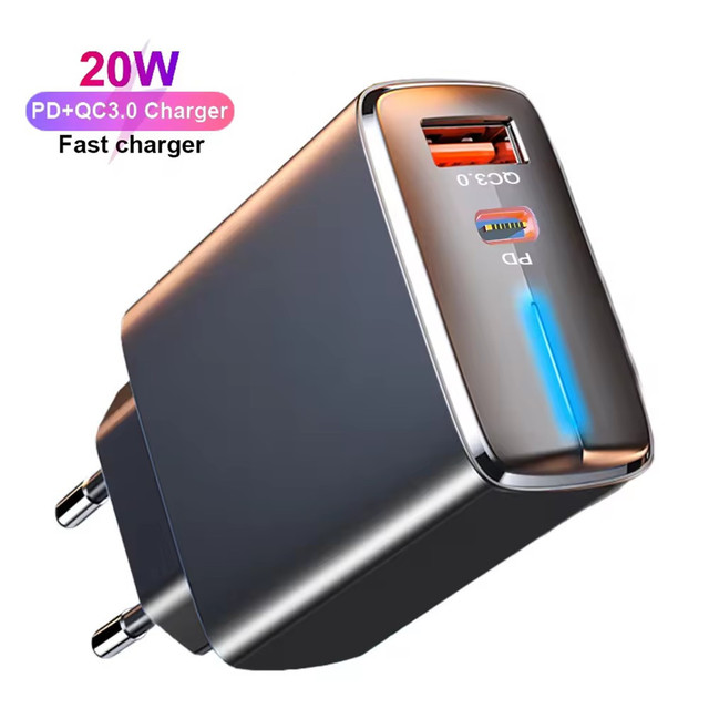 Universal Wall Charger 18W USB 20W PD Dual Pots Fast Charging Adapter With LED Light for IPhone 15 Pro Max Samsung Tablet PC