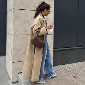 Abrigo de Gabardina Grueso de Algodón Tejido Color Caqui, Nuevo para Primavera-Otoño 2025, para Mujer, Extralargo, Cierre de un Solo Botón, Estilo Británico, Elegante, con Capucha - Product Image 4