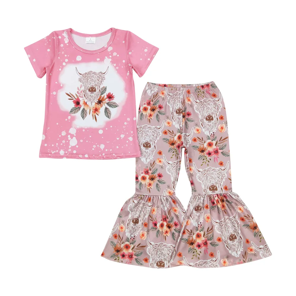 Pink Highland Kuho Blumen Druck Mädchen Westernbekleidung-Set RTS Großhandel Kleinkind Boutique Baby Mädchenbekleidung